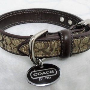 COACH BROWN LEATHER JACQUARD SIGNATURE C OVAL CHARM DOG PET COLLAR 4003 SZ XS